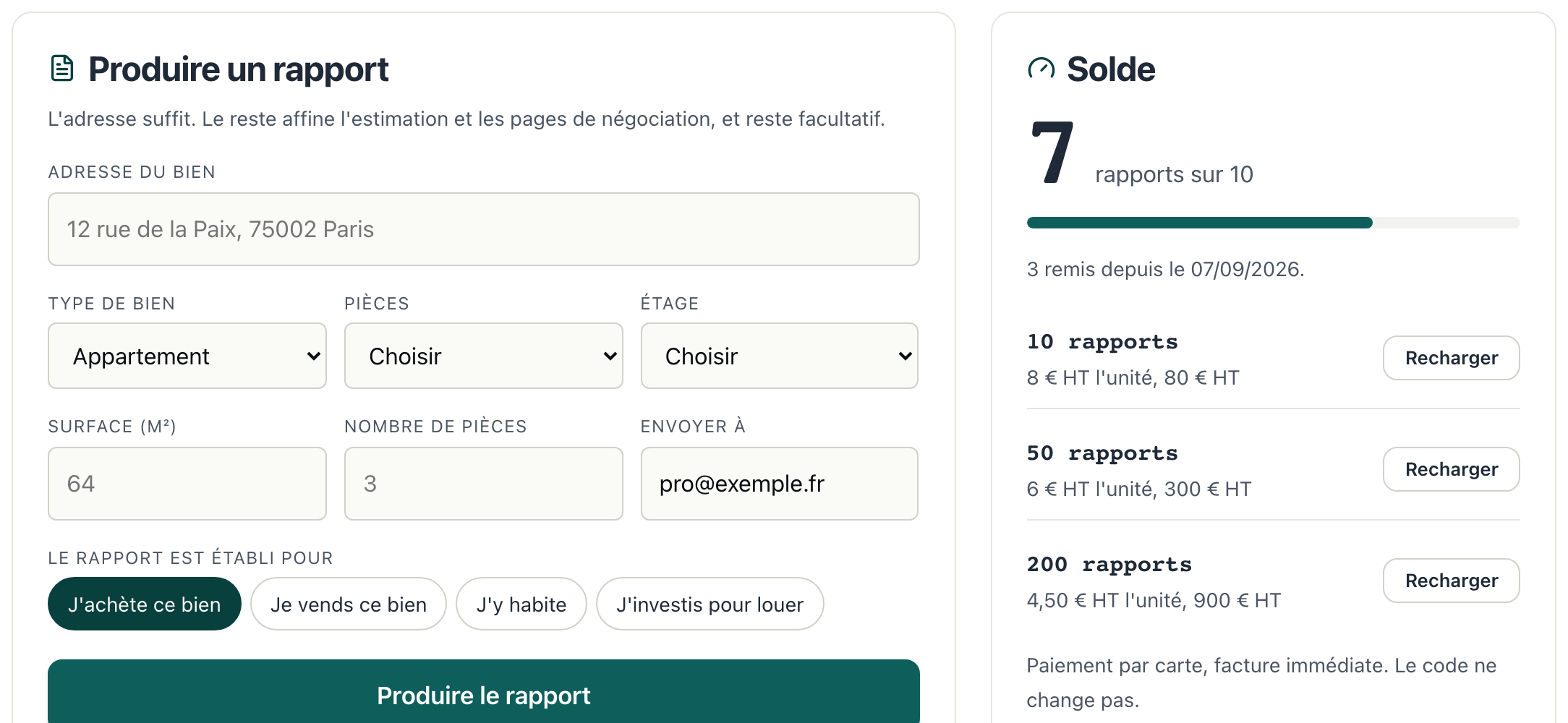 L'espace professionnel : un champ adresse pour produire le rapport, le solde du lot et le rachat