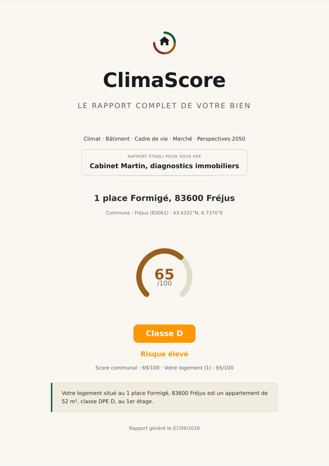 Couverture d'un rapport ClimaScore portant le nom du cabinet qui l'a établi