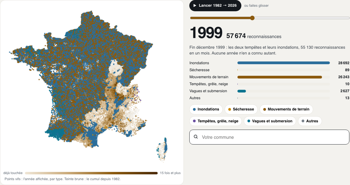 Visuel d'étude ClimaScore : 40 ans de catastrophes naturelles, commune par commune