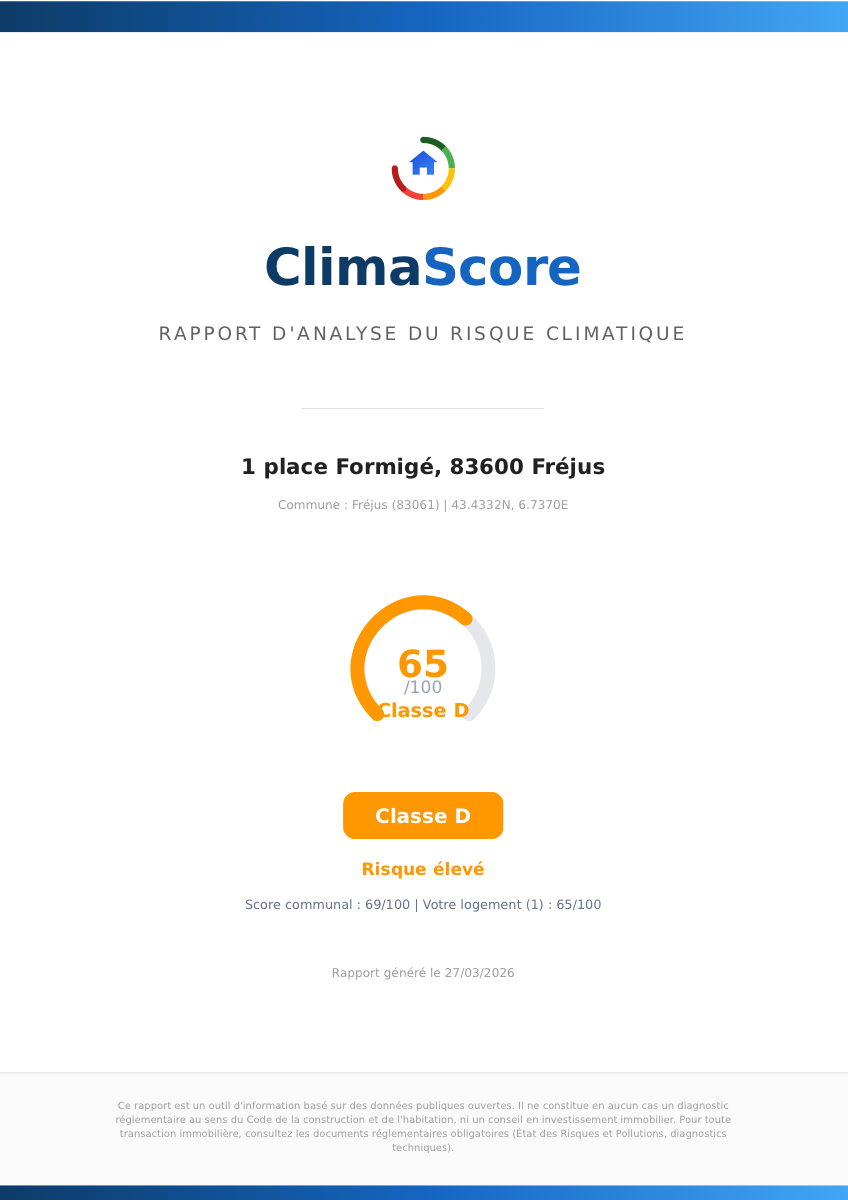 Exemple de rapport ClimaScore : couverture avec score, jauge et résumé des risques